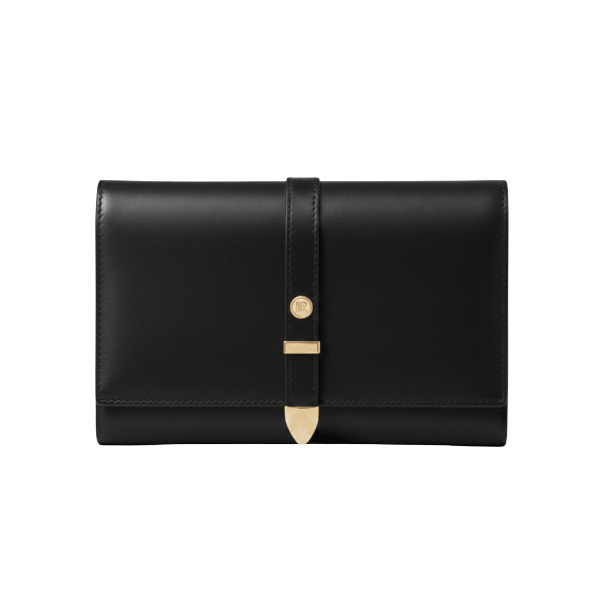 black vegan plant-based leather wallet, gold clasp, sustainable, cruelty free