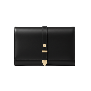 black vegan plant-based leather wallet, gold clasp, sustainable, cruelty free