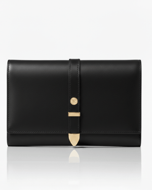 black vegan leather travel wallet, plant-based, sustainable, gold clasp, cruelty free