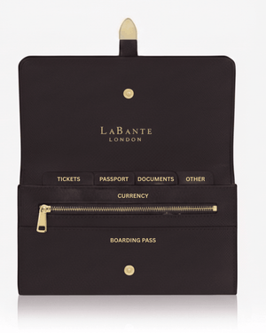 black vegan leather wallet plant based inside view, optimum storage, gold zip, sustainable, cruelty free