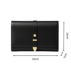 Black vegan leather wallet with measurements in cm, gold clasp, sustainable, cruelty free