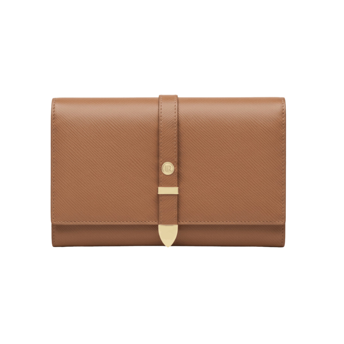 Brown vegan plant based leather wallet, gold clap, sustainable, cruelty free