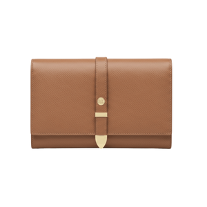 Brown vegan plant based leather wallet, gold clap, sustainable, cruelty free