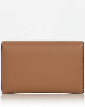 brown vegan plant based sustainable leather travel luxury wallet back view,
vegan and cruelty free