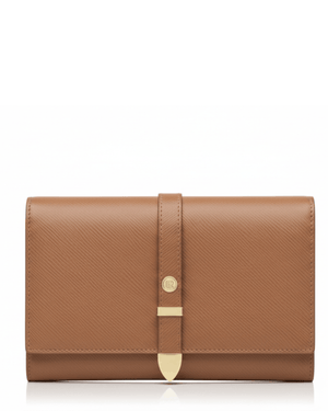 brown vegan plant based leather travel luxury wallet, sustainable, gold clasp, cruelty free