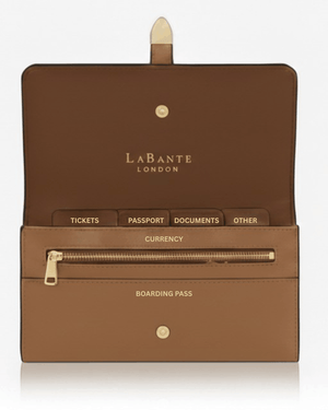 brown vegan leather sustainable plant based wallet inside view, optimal storage, gold zip, cruelty free