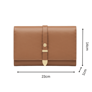 Brown vegan plant-based lather wallet with measurements in cm, white background, gold clasp, cruelty free