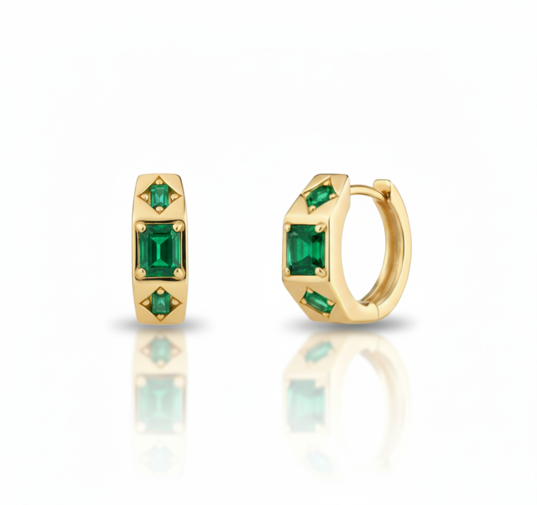 14ct yellow gold hoop earrings, Colombian emeralds, cruelty free