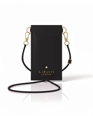 black plant based luxury cross body card and phone holder gold writing white background
vegan and cruelty free