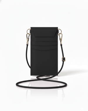 black plant based crossbody luxury phone and card holder back view white background
vegan and cruelty free