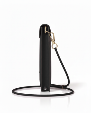 black plant based cross body card and phone holder side view
vegan and cruelty free