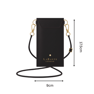 black plant based crossbody with measurements in cm and gold writing white background
vegan and cruelty free