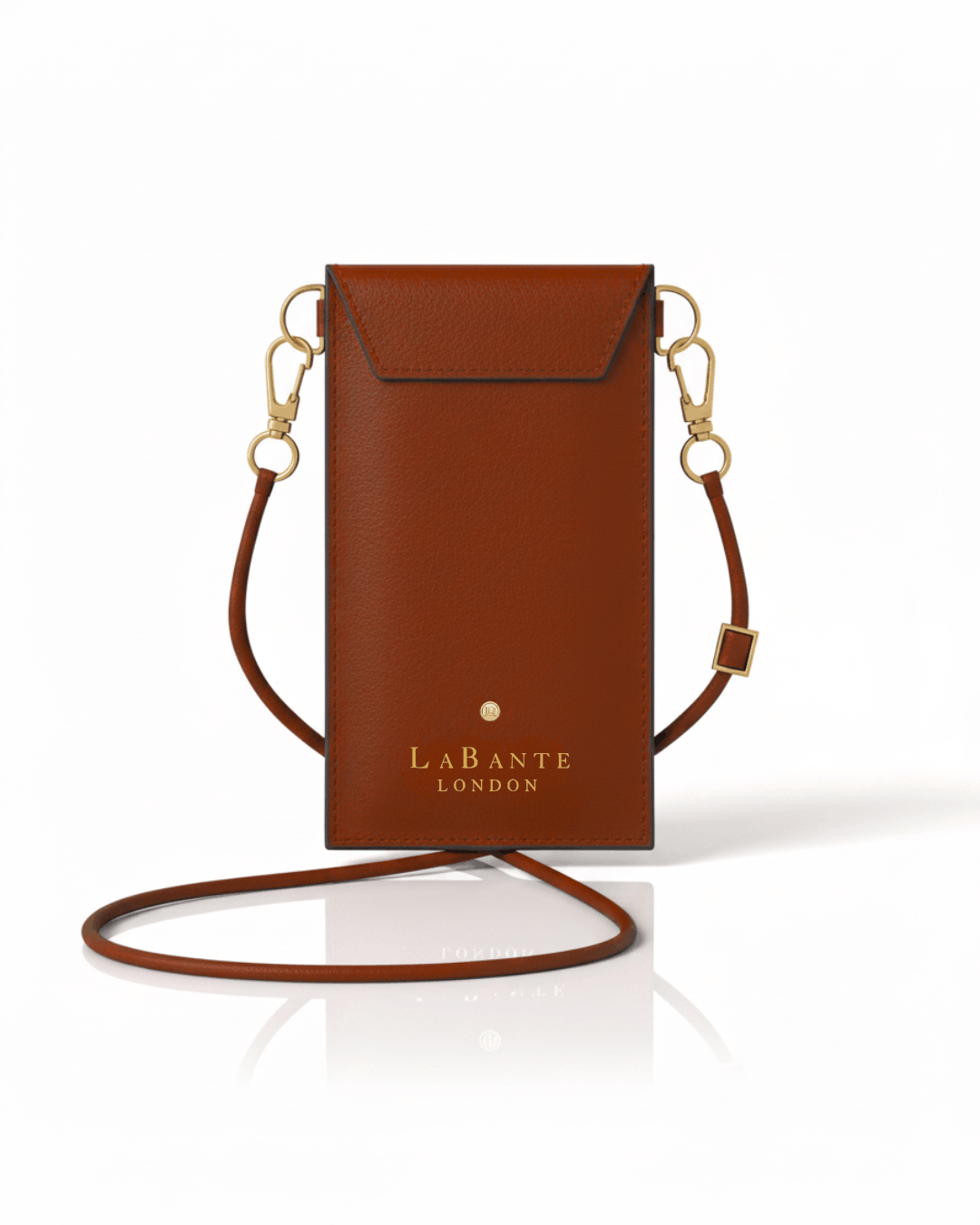 brown crossbody plant based phone and card holder on white background gold writing
vegan and cruelty free