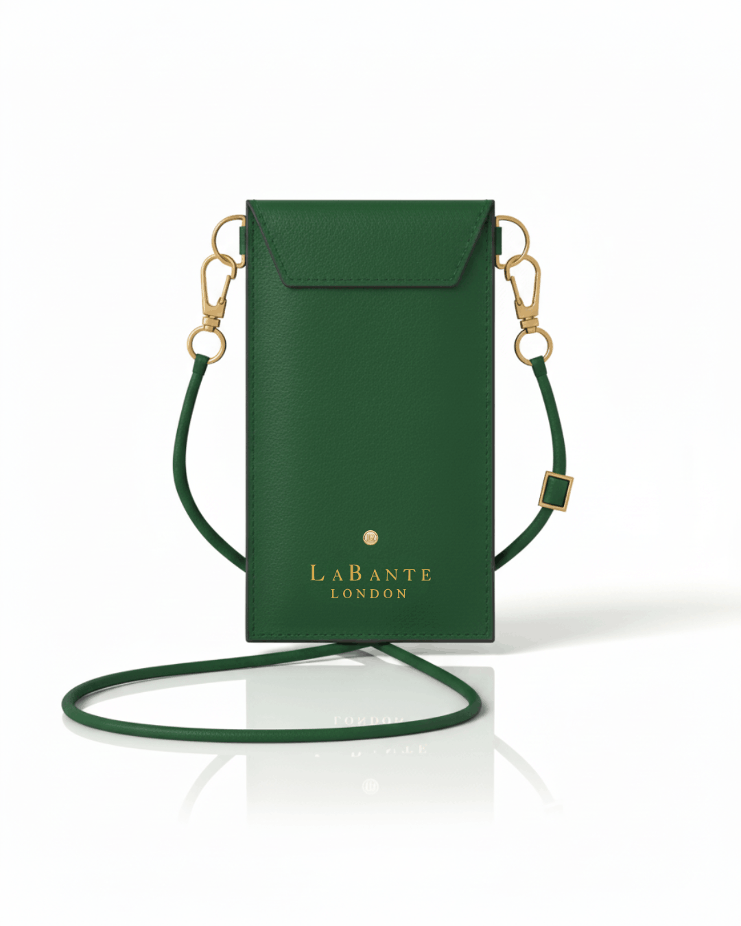 green plant based cross body gold writing card and phone holder
vegan and cruelty free