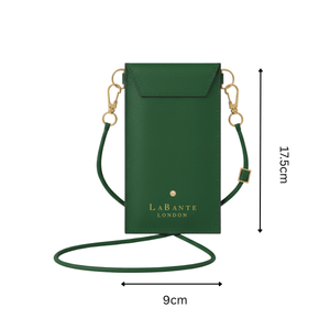 green plant based luxury cross body with measurements in cm white background gold writing
vegan and cruelty free