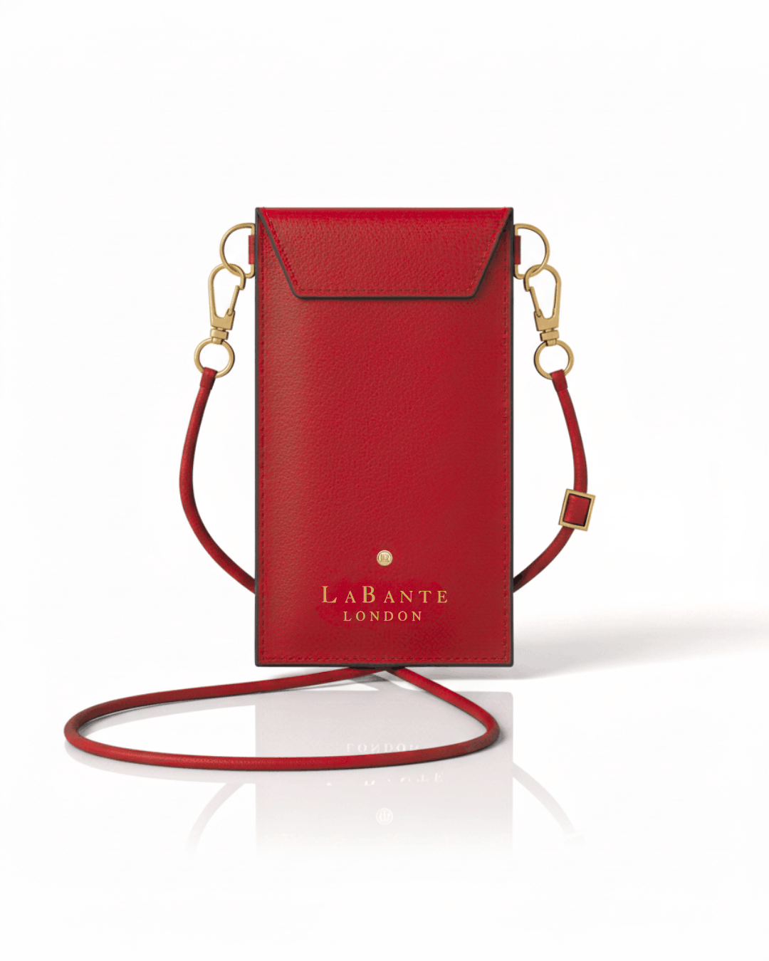Red crossbody with gold writing on white background
vegan and cruelty free