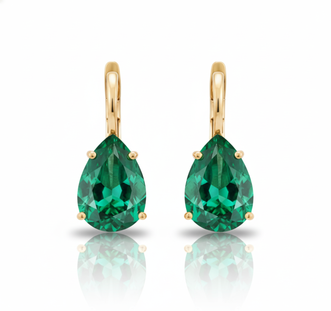 14ct gold, pear shaped, pendant earrings, emerald, cruelty free