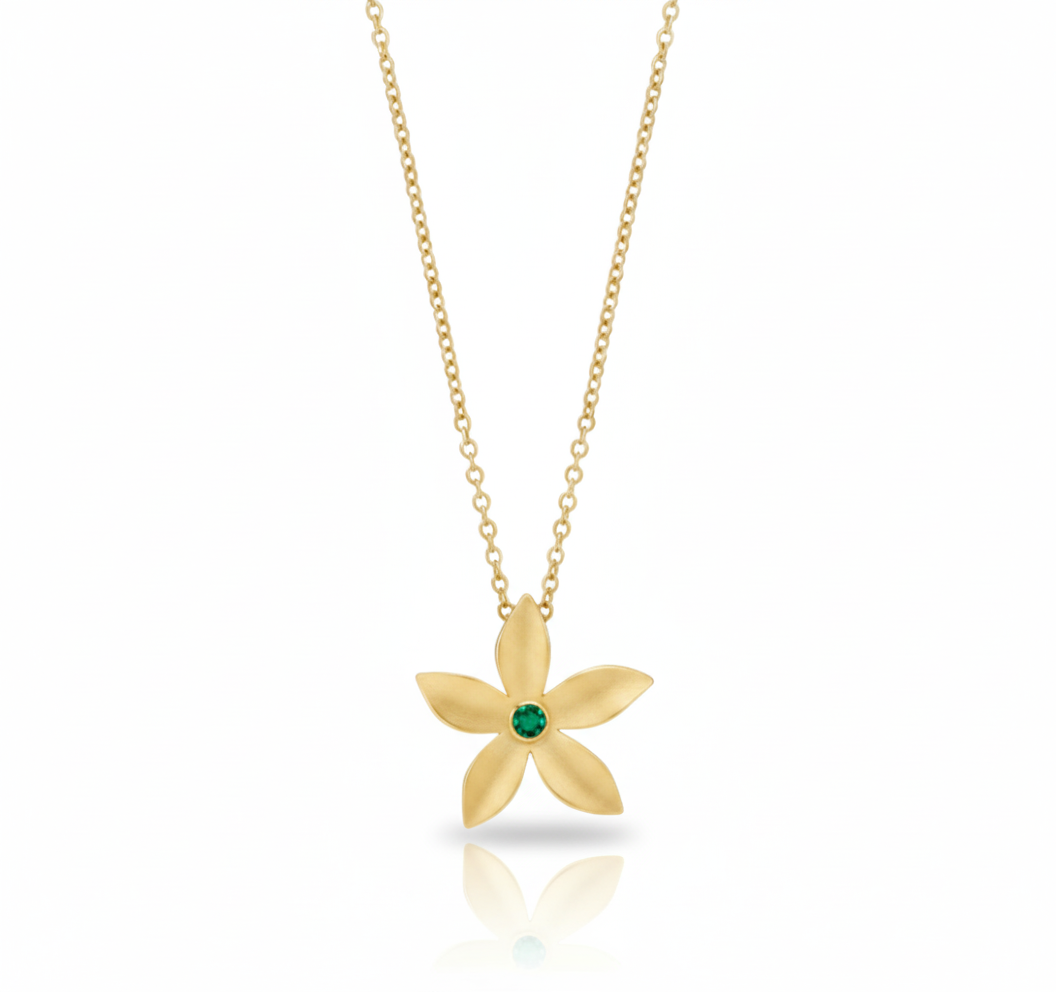 elegant 14ct yellow gold necklace, Colombian emerald, flower shape, cruelty free
