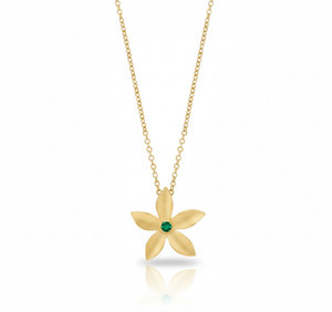elegant 14ct yellow gold necklace, Colombian emerald, flower shape, cruelty free
