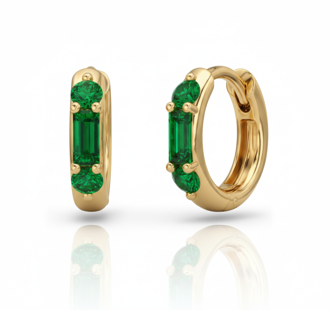 14ct gold hoop earrings, Colombian emeralds, round stone