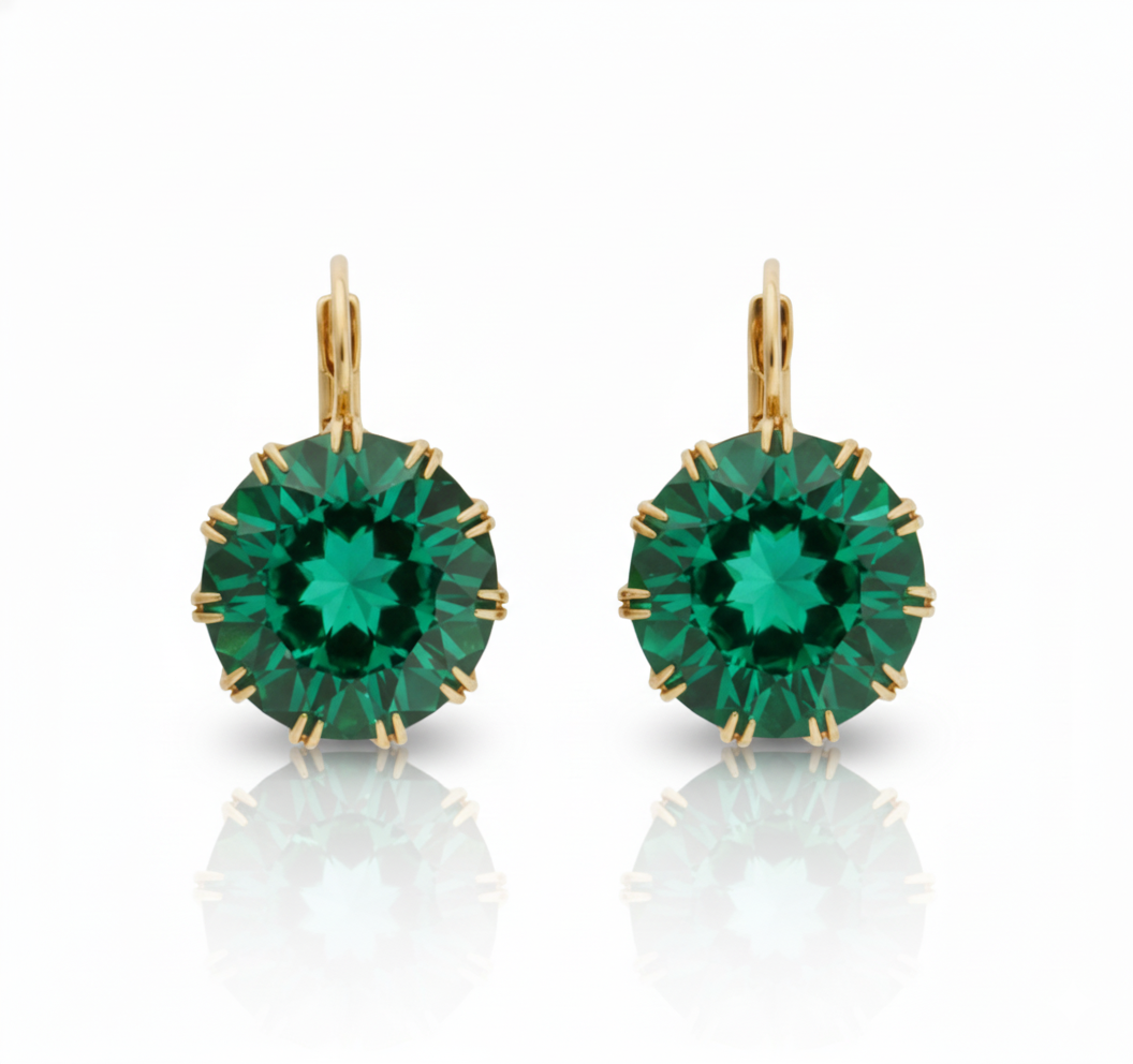 14ct yellow old hoops, Colombian emeralds, cruelty free
