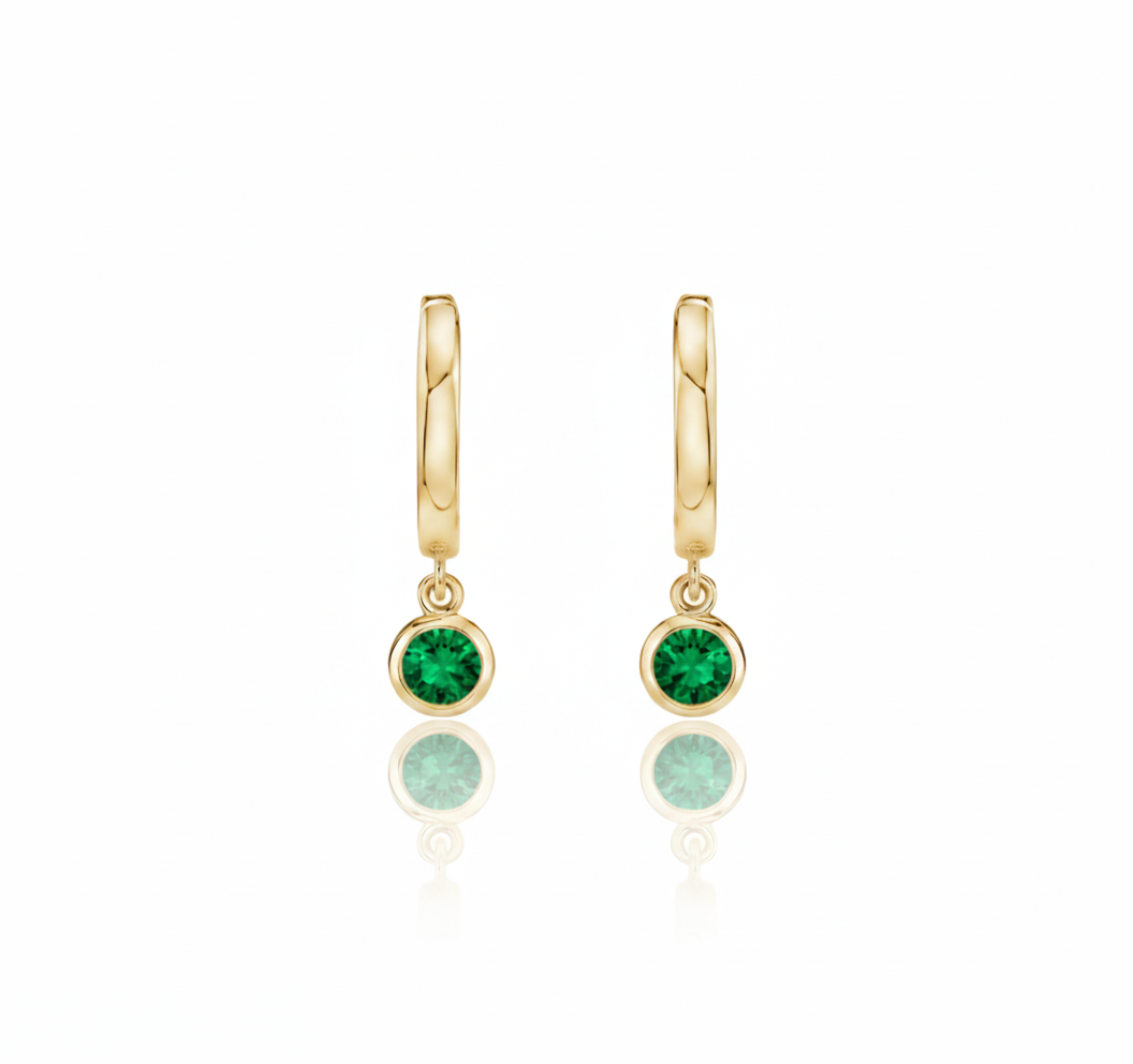 14ct gold hoop earrings, round Colombian emeralds, elegant, dainty cruelty free