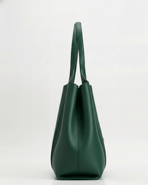 Green leather vegan handbag side view 