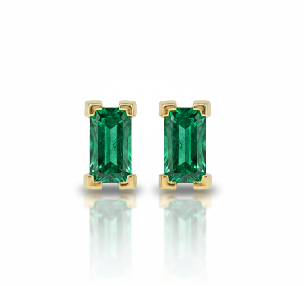 baguette shaped Colombian emeralds, 14ct yellow gold, stud earrings, cruelty free