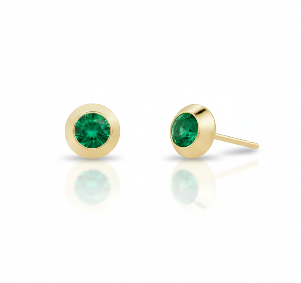 14ct gold, Colombian emerald stud earrings, round emeralds