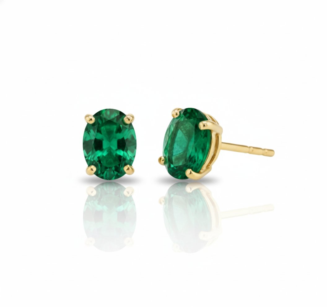 14ct yellow gold, oval shaped Colombian emerald, stud earrings