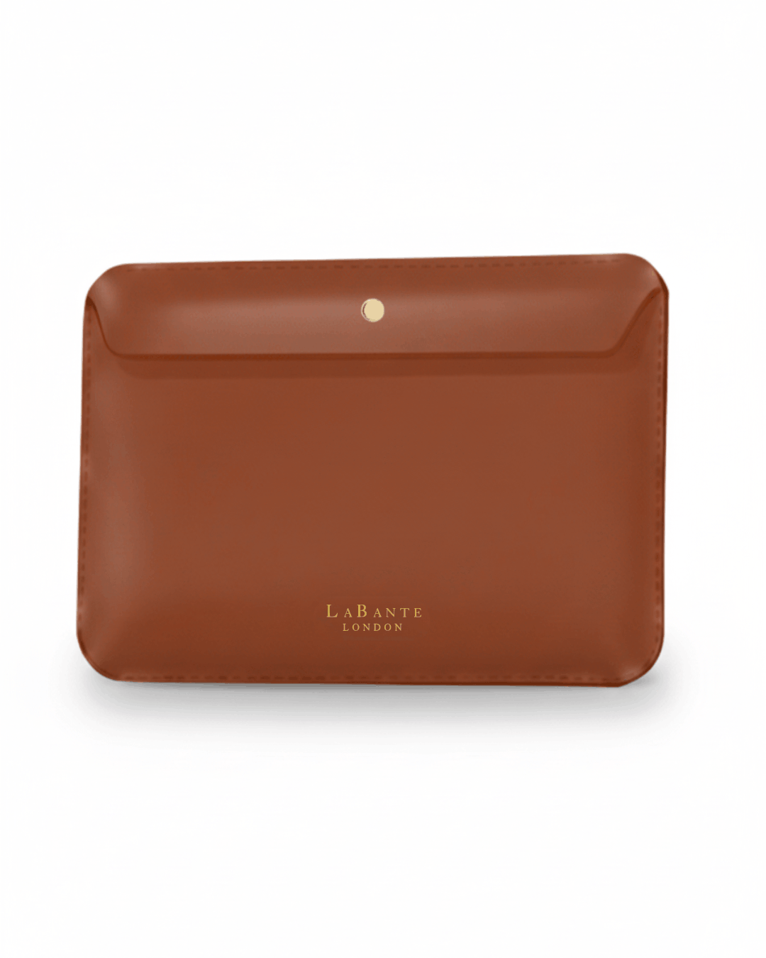 Brown laptop case with gold logo
vegan and cruelty free
white background