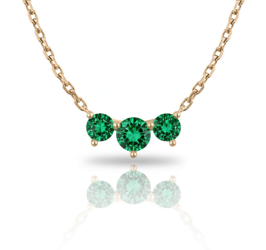 14k gold chain, 3 Colombian emerald necklace, cruelty free