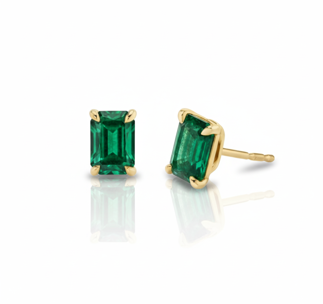baguette shape Colombian emeralds, 14ct gold, stud earrings